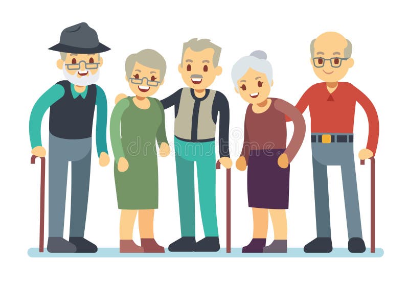 Gruppo di personaggi dei cartoni animati della gente anziana Illustrazione anziana felice di vettore degli amici