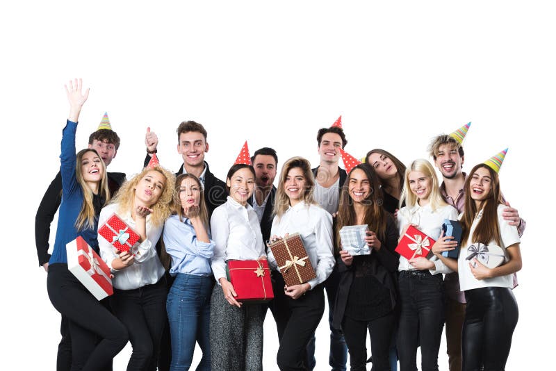 Group of people having a party with gift boxes. Concept of the holiday. Group of people having a party with gift boxes. Concept of the holiday