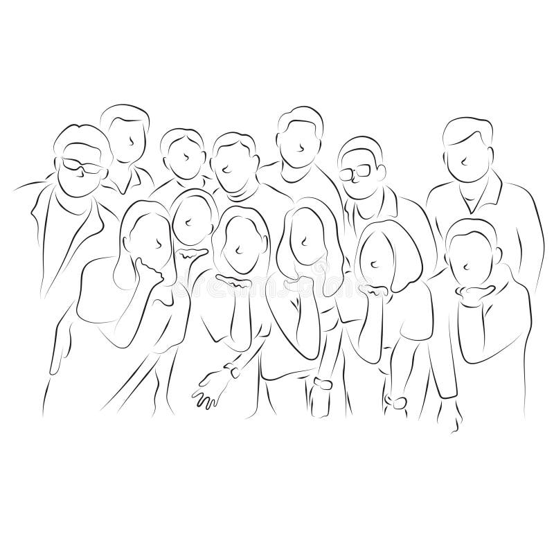 Gruppo di persone in partito con illustrazione della felicità mano vettoriale disegnata con linee nere isolate su fondo bianco.