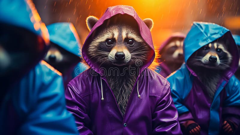 Group of raccoons wearing of colored coats and hoods. Group of raccoons wearing of colored coats and hoods.