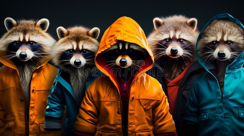 Group of raccoons wearing of colored coats and hoods. Group of raccoons wearing of colored coats and hoods.