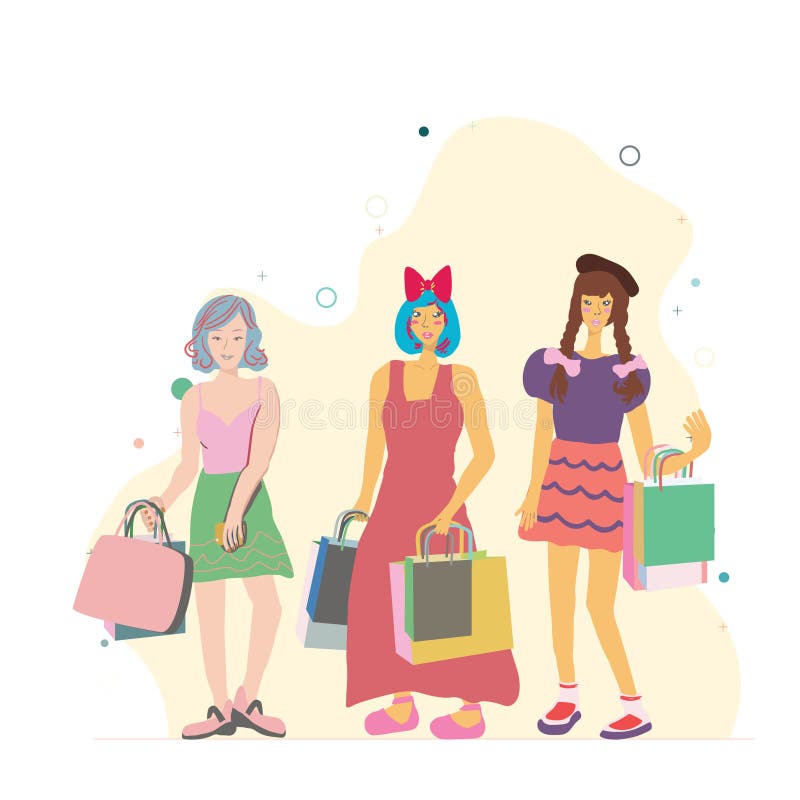 Gruppo di ragazze asiatiche sulla via con i sacchetti della spesa variopinti che posano e che sorridono illustrazione vettoriale