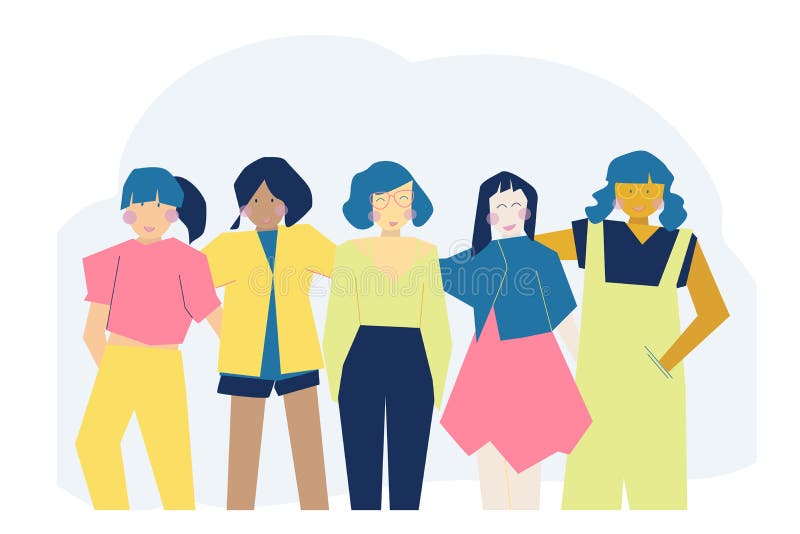 Gruppo di ragazze o ragazze o adolescenti con tonalità della pelle diverse come simbolo di diversità e amicizia illustrazione vettoriale