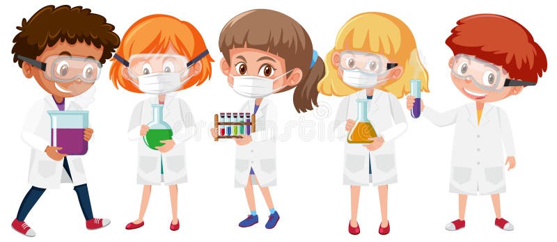 Gruppo di ragazzi in costume da scienziato con oggetti scientifici isolati su fondo bianco illustrazione di stock