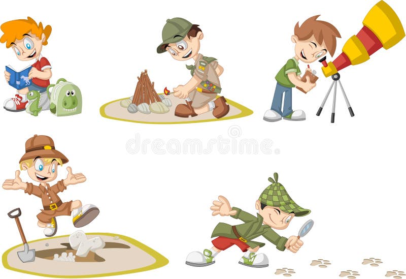 Group of cartoon explorer boys wearing different costumes. Group of cartoon explorer boys wearing different costumes