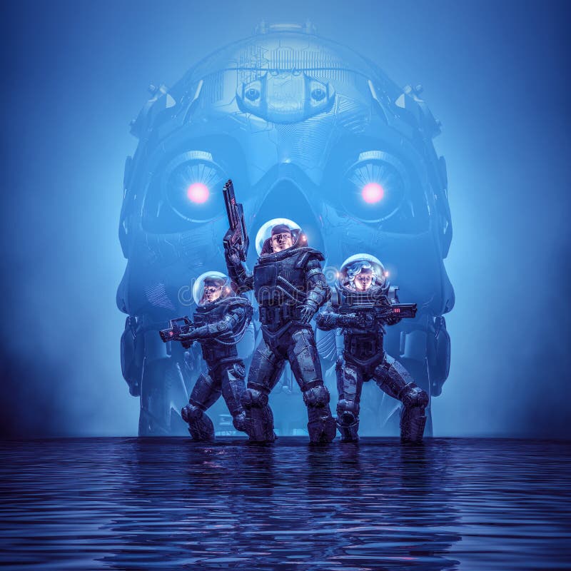 3D illustration of science fiction scene showing heroic space marine astronauts with looming giant robot skull in dark watery environment. 3D illustration of science fiction scene showing heroic space marine astronauts with looming giant robot skull in dark watery environment