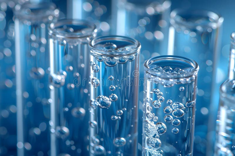 Several glass tubes filled with clear water are arranged in a row on a laboratory bench. The tubes reflect the light, creating a mesmerizing display of refraction. Generative AI. Several glass tubes filled with clear water are arranged in a row on a laboratory bench. The tubes reflect the light, creating a mesmerizing display of refraction. Generative AI