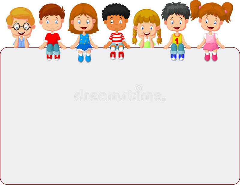 Gruppo sorridente felice di fumetto dei bambini che mostra il bordo in bianco del cartello illustrazione vettoriale Gruppo sorridente felice di fumetto dei bambini che mostra il bordo in bianco del cartello illustrazione vettoriale