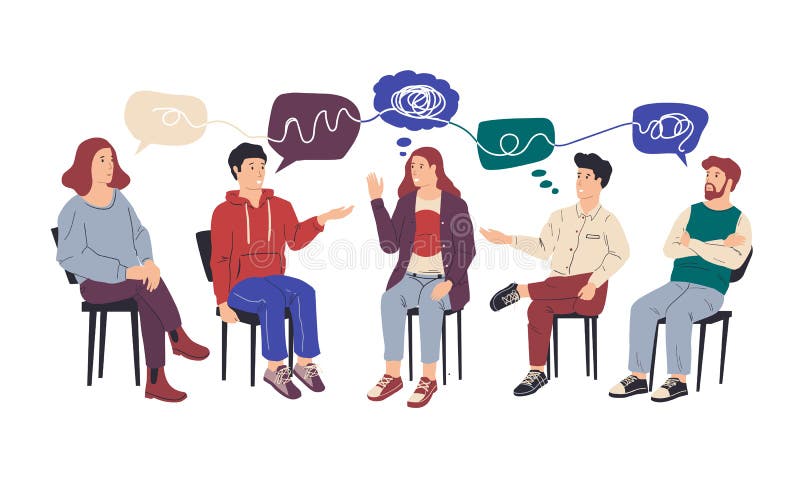 Gruppterapi. personer i kollektiv psykoterapi. Rådgivning och stöd till psykisk hälsa från beroendepsykolog royaltyfri illustrationer