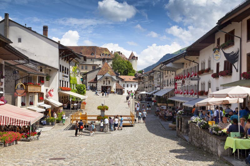 Europe, Switzerland, Freiburg, gruyere cheese, Les Grands-Chemins, church,  Église Saint Théodule, architecture, trees, buildings, historically, scener  Stock Photo - Alamy