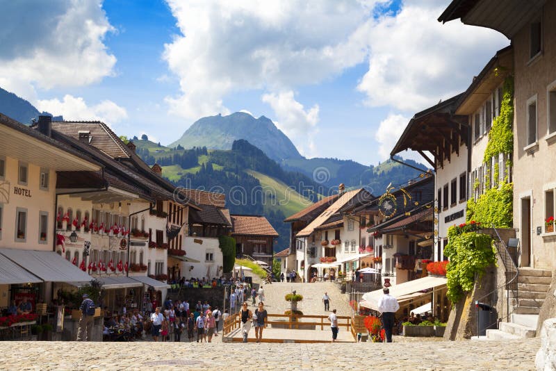 Europe, Switzerland, Freiburg, gruyere cheese, Les Grands-Chemins, church,  Église Saint Théodule, architecture, trees, buildings, historically, scener  Stock Photo - Alamy