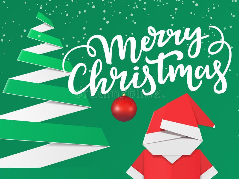 Gruß der Weihnachtskarte mit Beschriftungs- und Winterverzierungen Feiertagsplakatentwurf mit Papierbaum und Origami Sankt Clau d lizenzfreie abbildung Gruß der Weihnachtskarte mit Beschriftungs- und Winterverzierungen Feiertagsplakatentwurf mit Papierbaum und Origami Sankt Clau d lizenzfreie abbildung