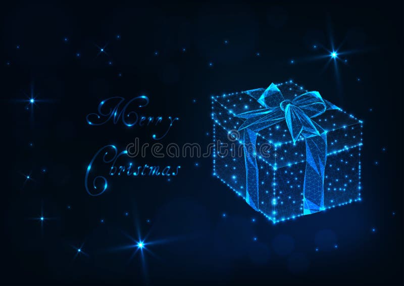 Grußkarte der frohen Weihnachten mit glühender niedriger Polygeschenkbox mit Bandbogen, glänzenden Sternen und Text lizenzfreie abbildung Grußkarte der frohen Weihnachten mit glühender niedriger Polygeschenkbox mit Bandbogen, glänzenden Sternen und Text lizenzfreie abbildung