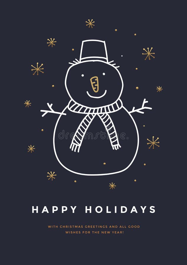 Grußkarte der frohen Weihnachten und des guten Rutsch ins Neue Jahr mit Hand gezeichnetem Schneemann und goldenen Schneeflocken stock abbildung Grußkarte der frohen Weihnachten und des guten Rutsch ins Neue Jahr mit Hand gezeichnetem Schneemann und goldenen Schneeflocken stock abbildung