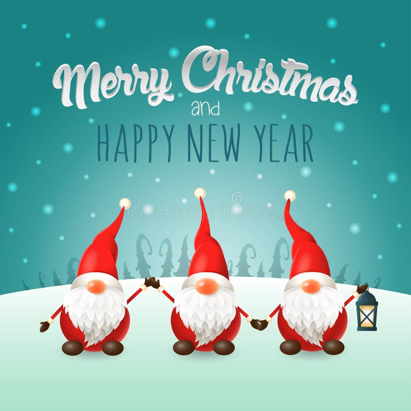 Grußkarte der frohen Weihnachten und des guten Rutsch ins Neue Jahr - skandinavische Gnomen auf Winterlandschaft lizenzfreie abbildung Grußkarte der frohen Weihnachten und des guten Rutsch ins Neue Jahr - skandinavische Gnomen auf Winterlandschaft lizenzfreie abbildung