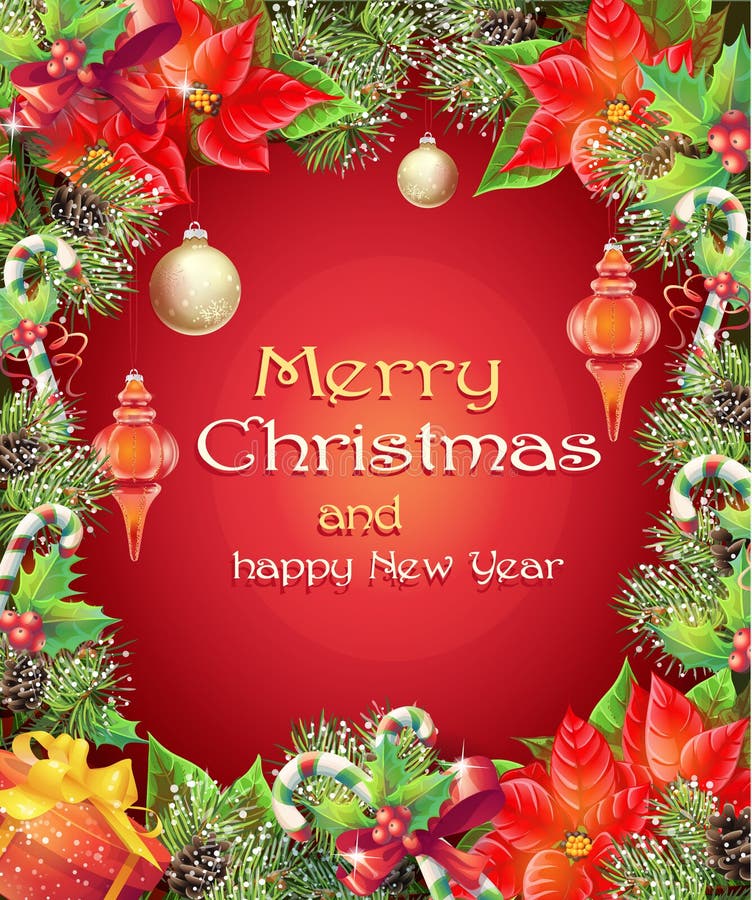 Grußkarte mit Weihnachts- und des neuen Jahresbaum mit Niederlassungen, Kiefernkegeln, Spielwaren, Süßigkeit und Blume vektor abbildung Grußkarte mit Weihnachts- und des neuen Jahresbaum mit Niederlassungen, Kiefernkegeln, Spielwaren, Süßigkeit und Blume vektor abbildung