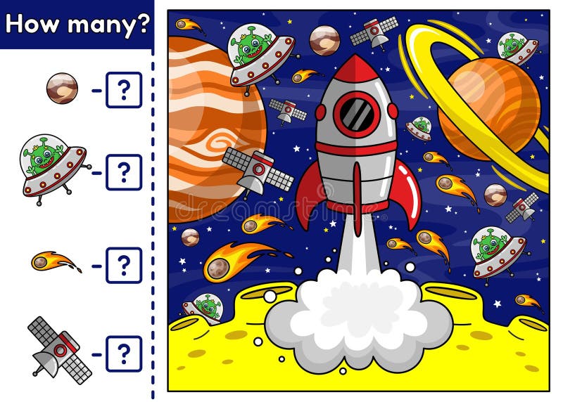 Gry matematyczne dla dzieci znajdź i zliczaj obiekty spacji ilustracja wektor