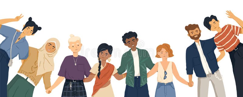Gráfica vectorial plana de amistad internacional Jóvenes y diversos grupos unidos en caricaturas stock de ilustración