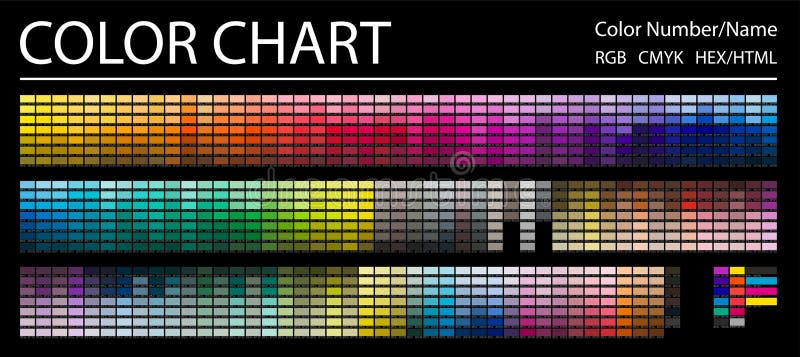 Gráfico de colores. imprimir página de prueba. números o nombres de color. códigos rgb cmyk hex html. paleta de colores vectoriale