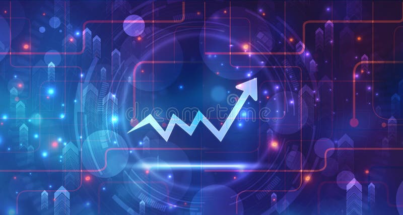 Gráfico de crecimiento empresarial sobre el fondo de la tecnología futurista subir flecha gráfico transformación digital abstracto foto de archivo libre de regalías