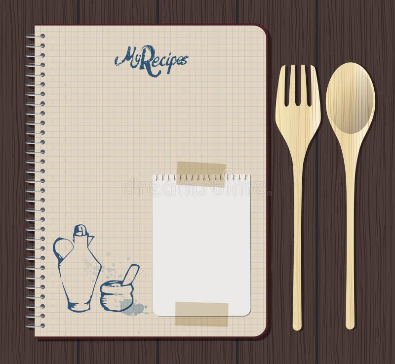 Gráfico do caderno da receita com texto, o almotolia e o almofariz tirados mão Forquilha e colher de madeira Folha branca do cade ilustração royalty free Gráfico do caderno da receita com texto, o almotolia e o almofariz tirados mão Forquilha e colher de madeira Folha branca do cade ilustração royalty free