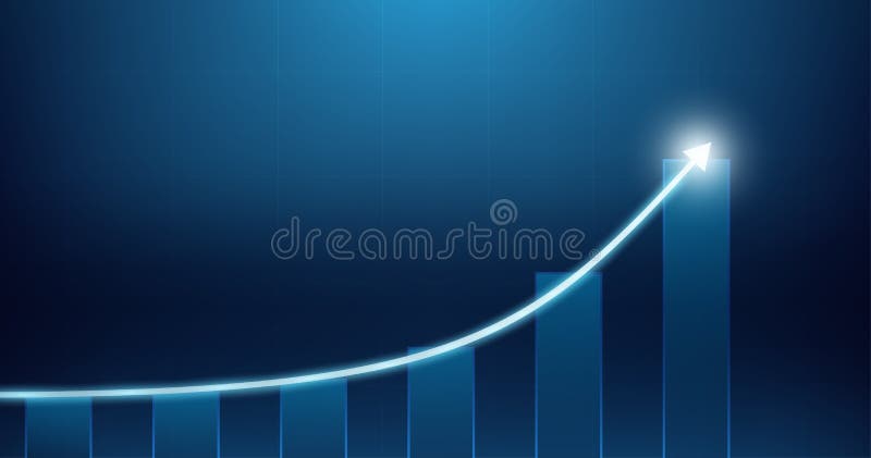 Gráfico financeiro abstrato widescreen com seta de linha de tendência ascendente e gráfico de barras no mercado de ações em fundo