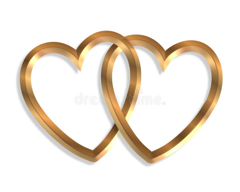 3D illustration 2 gold hearts linked together clipart symbol of love or icon. 3D illustration 2 gold hearts linked together clipart symbol of love or icon.