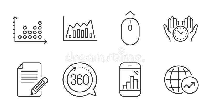 Graph phone, Safe time and Infographic graph line icons set. World statistics, Article and 360 degrees signs. Swipe up, Dot plot symbols. Mobile statistics, Hold clock, Line diagram. Vector. Graph phone, Safe time and Infographic graph line icons set. World statistics, Article and 360 degrees signs. Swipe up, Dot plot symbols. Mobile statistics, Hold clock, Line diagram. Vector
