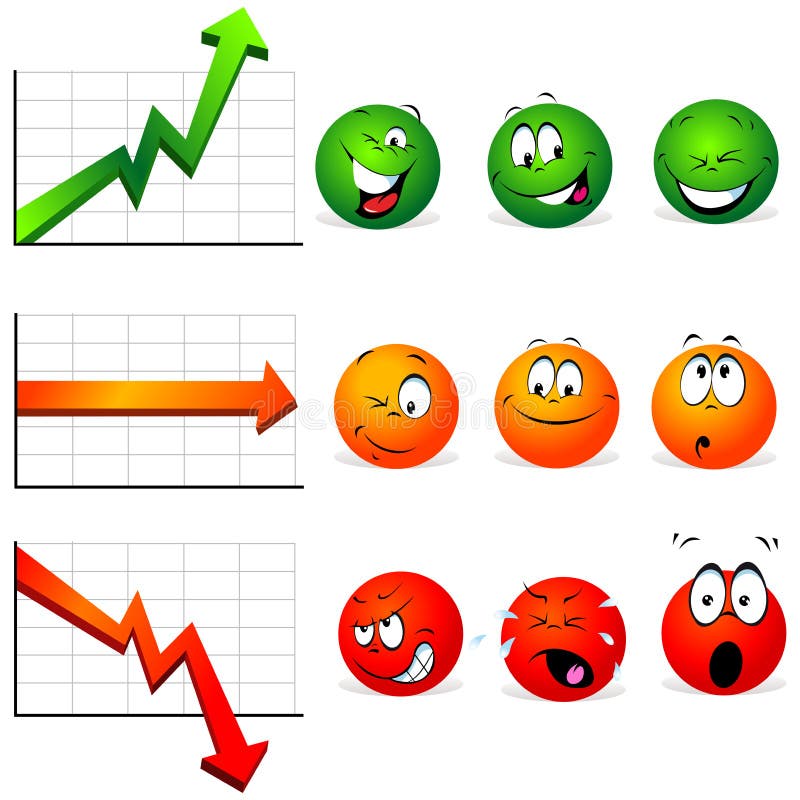 Graphs of stability, profit and falls with smiley faces with many expressions. Graphs of stability, profit and falls with smiley faces with many expressions