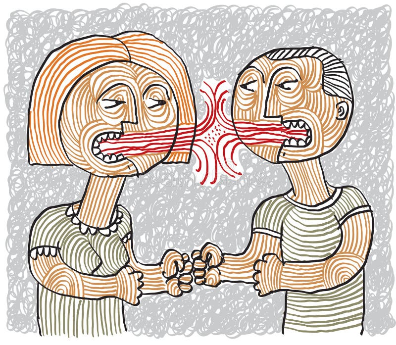 Quarrel between man and woman conceptual hand-drawn stripy illustration. Dispute metaphor, aggression between husband and wife. Quarrel between man and woman conceptual hand-drawn stripy illustration. Dispute metaphor, aggression between husband and wife.