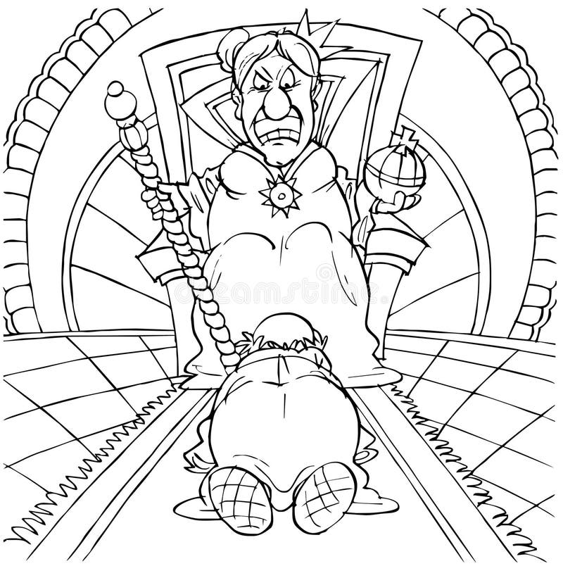 Black-and-white illustration (coloring page): the old queen sitting on a throne tells off an old man. Black-and-white illustration (coloring page): the old queen sitting on a throne tells off an old man