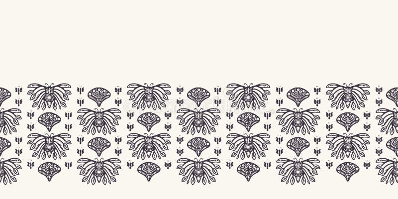 Gräns för Art Nouveau dekorativ fjärilsmotiv Jugendstil stil För textilband för Arabesque damast klippning Folk hantverk för deko vektor illustrationer Gräns för Art Nouveau dekorativ fjärilsmotiv Jugendstil stil För textilband för Arabesque damast klippning Folk hantverk för deko vektor illustrationer