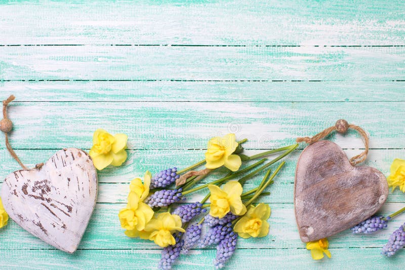 Gränsa från hjärtor, och nya guling och blått fjädrar på blommor arkivbilder Gränsa från hjärtor, och nya guling och blått fjädrar på blommor arkivbilder