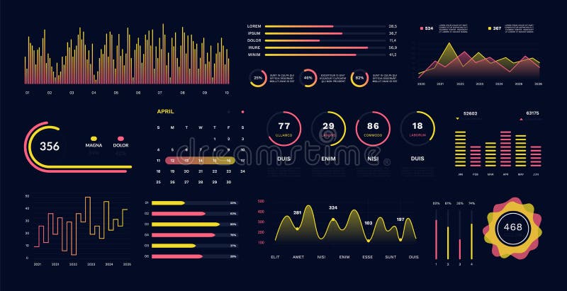 Gränssnitt för terministisk instrumentpanel. bildskärm för data i det digitala informationsnätverket med diagramdiagram. digital u royaltyfri illustrationer