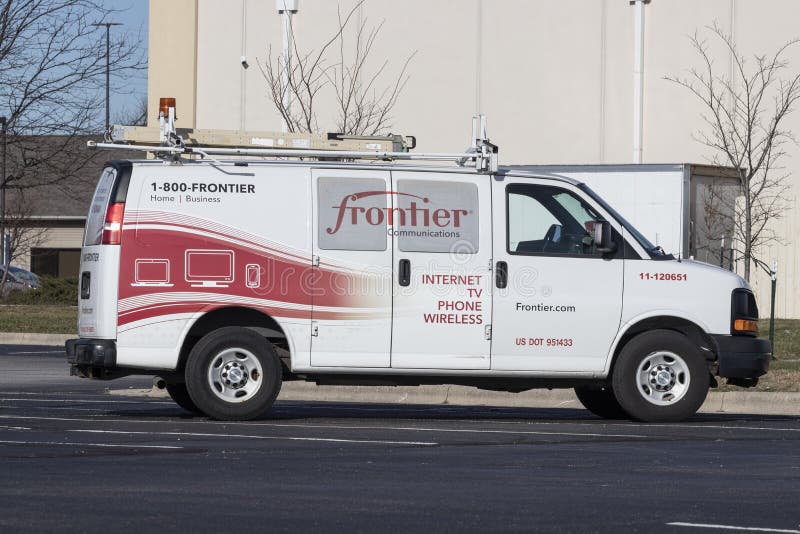 Lafayette - Circa December 2021: Frontier Communications vehicle at a job site. Frontier is a rural telecommunications provider. Lafayette - Circa December 2021: Frontier Communications vehicle at a job site. Frontier is a rural telecommunications provider