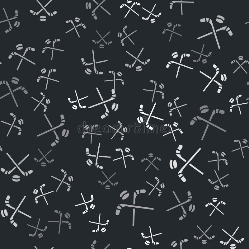 Grey Ice hockey sticks and puck icon isolated seamless pattern on black background. Game start. Vector. Grey Ice hockey sticks and puck icon isolated seamless pattern on black background. Game start. Vector.