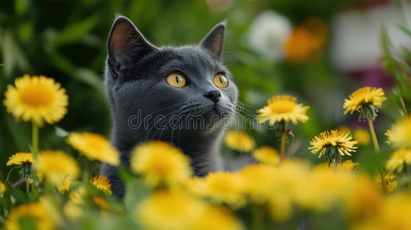 Grå katt som tittar upp i Dandelions fält vektor illustrationer