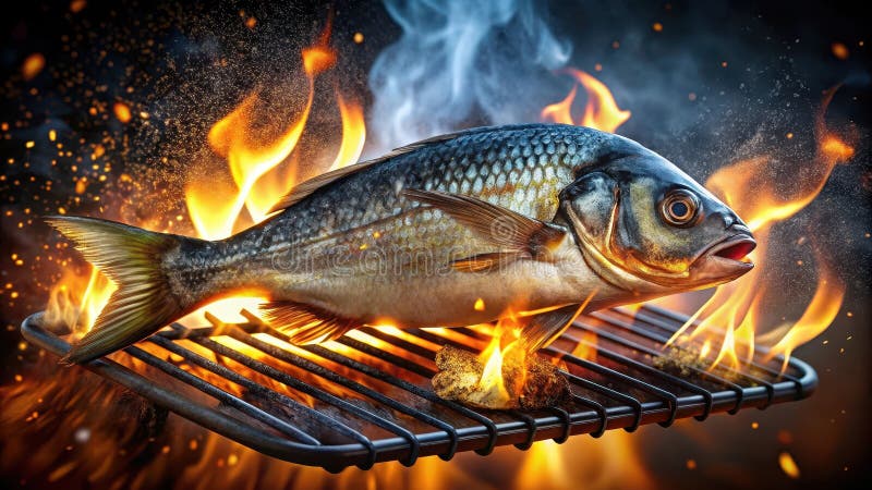 Grålad fisk på ett glasrutnät en utsökt kulinarisk bild med en hel fiskkokning över öppna lågor. Generativ AI vektor illustrationer