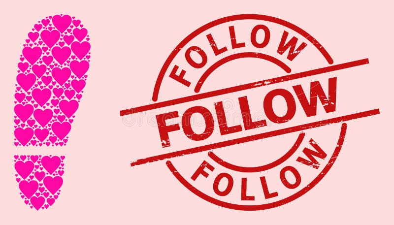 Gråma följe-stämpel och rosa kärlek till humant fotavtryck. Grymge följ-märke och rosa kärlek-hjärtkollage för humant fotavtryck. röd rund försegling innehåller följande text inuti cirkeln. Tryckkollage med mänsklig fot utförs med rosa amour-element.