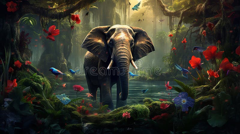 Gråsej elefant mitt i lush djungel grönt med färgstarka fåglar harmonisk fångst av vilda djur. vektor illustrationer