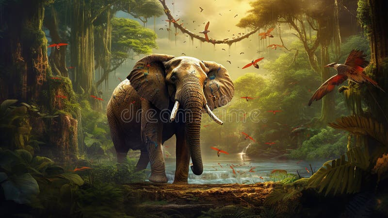 Gråsej elefant mitt i lush djungel grönt med färgstarka fåglar harmonisk fångst av vilda djur. royaltyfri illustrationer