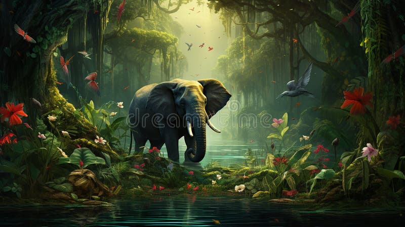 Gråsej elefant mitt i lush djungel grönt med färgstarka fåglar harmonisk fångst av vilda djur. royaltyfri illustrationer