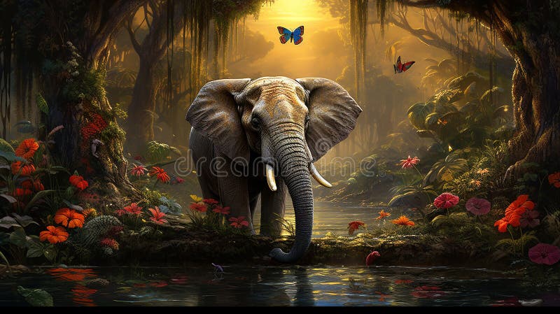 Gråsej elefant mitt i lush djungel grönt med färgstarka fåglar harmonisk fångst av vilda djur. royaltyfri illustrationer