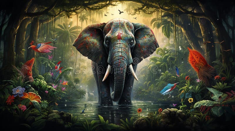 Gråsej elefant mitt i lush djungel grönt med färgstarka fåglar harmonisk fångst av vilda djur. stock illustrationer