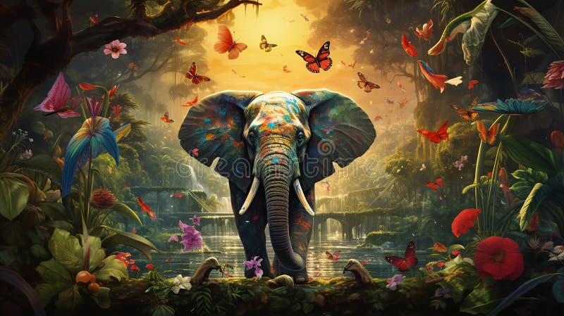 Gråsej elefant mitt i lush djungel grönt med färgstarka fåglar harmonisk fångst av vilda djur. royaltyfri illustrationer