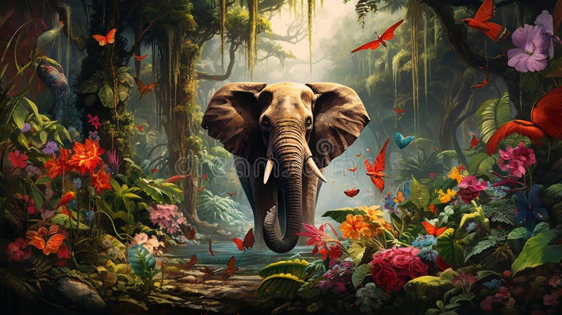 Gråsej elefant mitt i lush djungel grönt med färgstarka fåglar harmonisk fångst av vilda djur. royaltyfri illustrationer