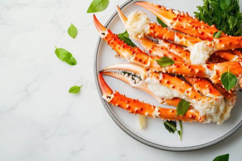 Gråskrabba som elegant visas på en minimalistisk platta med färska örter i en gourmet-inställning arkivbilder