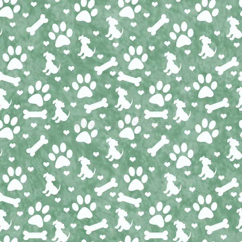 Green Dog Paw Prints, Puppy, Bone and Hearts Tile Pattern Repeat Background that is seamless and repeats. Green Dog Paw Prints, Puppy, Bone and Hearts Tile Pattern Repeat Background that is seamless and repeats