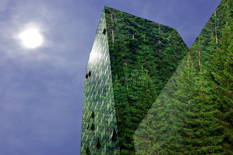 Green energy in the city: modern building covered with spruce forest. Green energy in the city: modern building covered with spruce forest