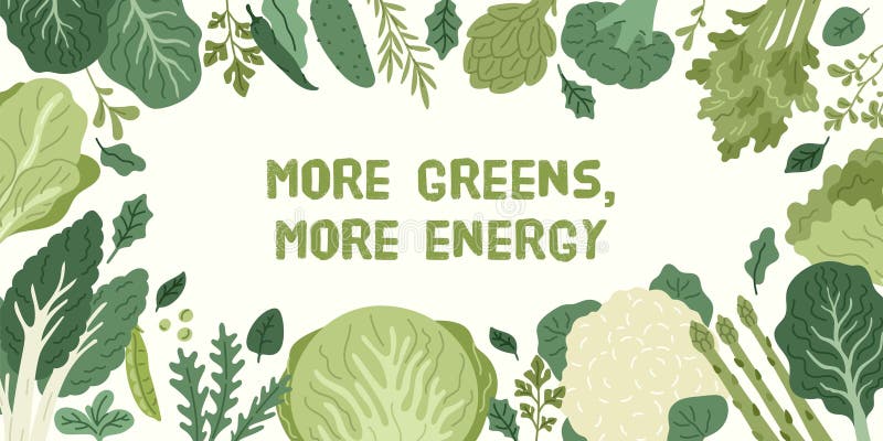 Grön grönsaksram. Färsk sallat lämnar hälsosam gränskost för energigrödor Ekologiska jordbruksprodukter vektor illustrationer